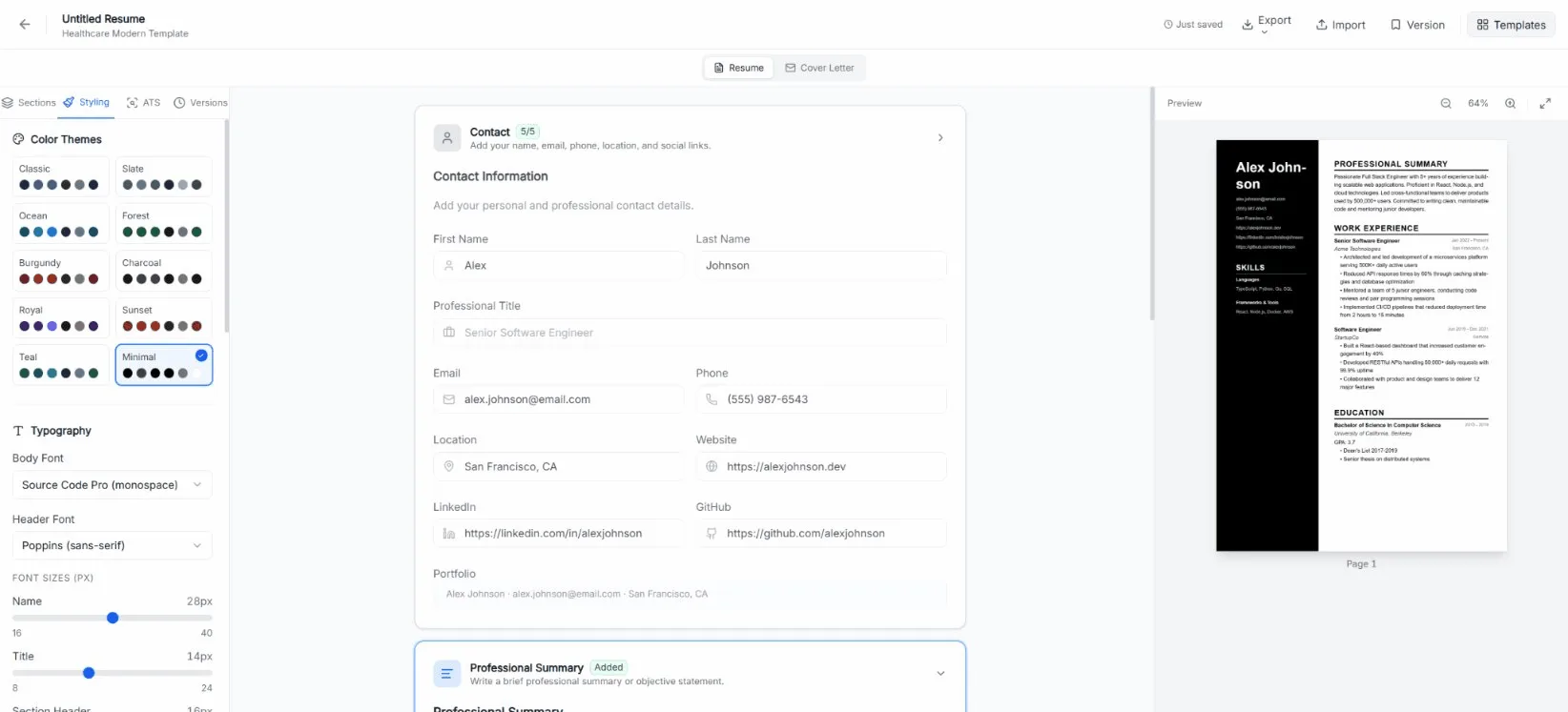 Talary editor with sidebar, form fields, and live resume preview